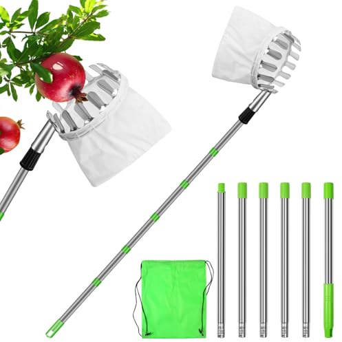 2,6 M Obstpflücker, Apfelpflücker, Pflückhilfe, Ø16 cm Obstsammler mit Teleskopstiel Edelstahl, Verstellbare Länge Einfach zu Montierender Obstclip, Geeignet zum Obstpflücken in großen Höhen
