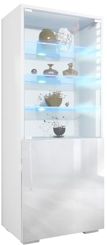 Vitrine Granada, Made in Germany, Vitrinenschrank mit Glastür und Glaseinsatz inkl. LED, Weiß matt/Weiß Hochglanz (50 x 122,5 x 34,5 cm)