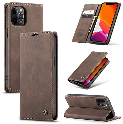 owlhold Handyhülle für iPhone 12/12 Pro Hülle, Premium Lederhülle Weiches Vintage-Nubukleder Faltbare Ständer Klapphülle Kartenfach Standfunktion stoßfest Schutzhülle für iPhone 12/12 Pro -Kaffee