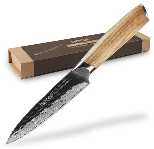 hecef Damascus Steel Kitchen Knife, Ultra-Sharp 5 Inch Utility Knife with Olive Wood Handle for Vegetable and Fruit
