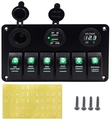 MUEOSI Panneau de commutation, for disjoncteur marin 12 V 24 V for voiture, bateau, camion, double port de charge USB, prise d'alimentation 3,1 A, voltmètre numérique tableau électrique(Green 6 Gang S