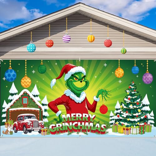 Décoration de porte de garage de Noël – Grande toile de fond de 3 x 1,8 m pour l'extérieur, décoration de vacances Merry Christmas