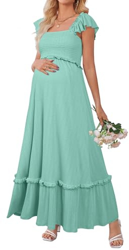 OUGES Donna Estate maternità Photoshoot Dress Boho Maxi Smocked Baby Shower Dress