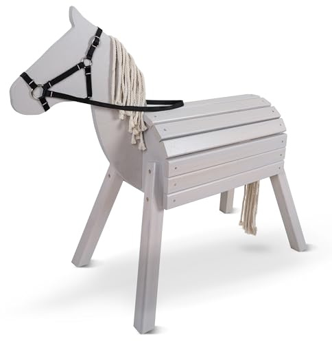 Pink Papaya Holzpferd für draußen, Reitpferd aus Holz für Kinder, Spielpferd XXL für den Garten, Outdoor Pferd mit Mähne und Schweif