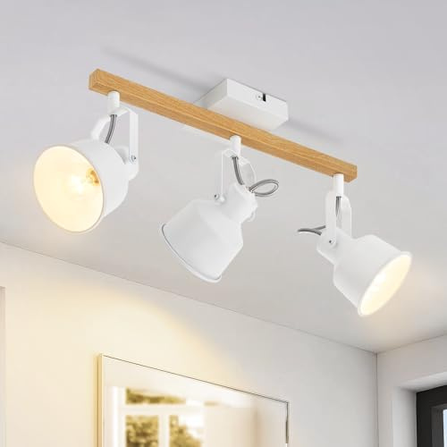 GBLY Deckenstrahler 3 Flammig Weiß Deckenlampe Vintage Schwenkbar 350° | MAX.25W E14 Fassung Industrial Holzmaserung Spotbalken für Wohnzimmer Schlafzimmer Büro (ohne Leuchtmittel)