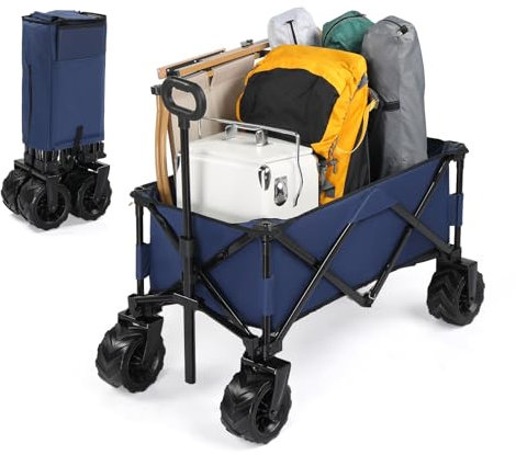 Bonnlo Bollerwagen Faltbar Luftreifen, XXL Gartenwagen, Transportwagen Klappbar mit 360° Rädern, Handwagen bis 100 kg Tragkraft für Strand, Camping, als Einkaufstrolley, 107×55×90,5cm, Blau