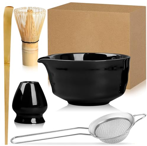 Exquilnova 5PCS Matcha Whisk Set with Matcha Bowl,Matcha Whisk Holder,Matcha Wisk,Matcha Spoon and Matcha Sieve,Matcha Starter Kit for Matcha Tea Ceremony(Black)