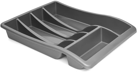 WINSOME Cutlery Drawer Organiser Plastic | Kitchen Drawer Organiser for Large Utensils | 5 Compartment Cutlery Divider for Spoons, Knives, Forks | Large Black Drawer Tidy (Grey)