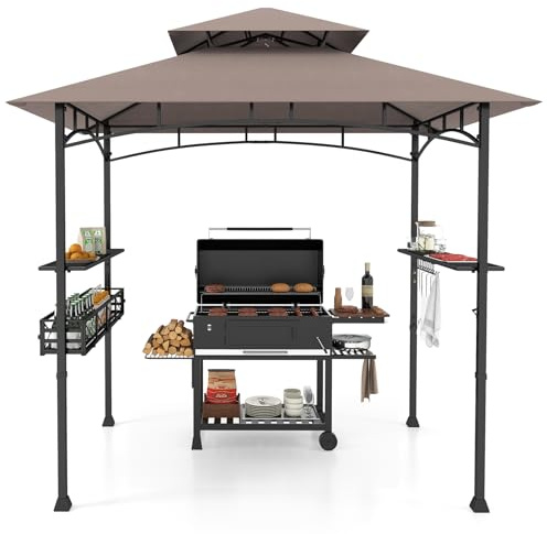 RELAX4LIFE Grillpavillon Wetterfest, mit Doppeldach, Grillüberdachung mit Seitenregalen, Ablagekorb, Haken & Flaschenöffner, BBQ Grill Pavillon, Outdoor Grillunterstand, Gartenpavillon (Braun)