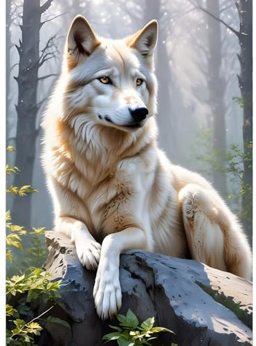 QINRUBB DIY Wolf im Wald Diamond Painting Erwachsene, 5D Sonnenschein Diamant Painting Bilder Anfänger, Runder Vollbohrer Wolf Diamant Kunst Kits Kreuzstich Geschenke Home Wand Dekor 30x40 cm