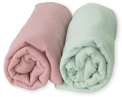 2 Stück Musselin für Babys, 120 x 120 cm, Decke, Einschlagdecke, Bambus, Baumwolle, für Neugeborene, natürliche Fasern, superweich, hypoallergen, 100% umweltfreundlich (Rosa/Minze)