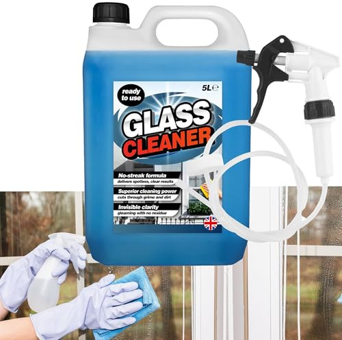 5 Litre Glass & Window Cleaner Ready To Use No Streak Formula | Spotless Clear Windows With Convenient Long Hose Trigger