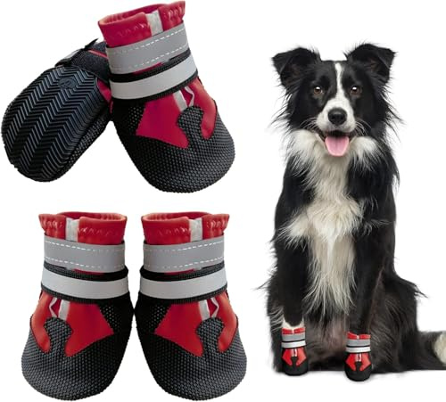 Dricar Bottes Chien, Ensemble de 4 Chaussures pour Chiens Antidérapant, Bottes de Protection pour Chien Imperméable pour Chiens de Taille Moyenne et Grande (Rouge, M)