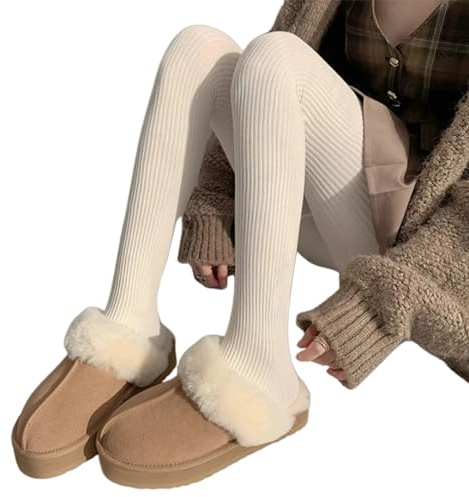 Uqezagpa Damen-Strumpfhose, Winter, Herbst, einfarbig, gerippt, gestreift, Baumwolle, dick, warm, Pullover, Strumpfhose, elastisch, gerippter Faden, milchweiß, Einheitsgröße