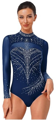 Fldy Justaucorps à manches longues pour femme - Paillettes - Strass - Justaucorps - Justaucorps avec maille transparente - Pour patinage sur glace et ballet, Bleu marine, L