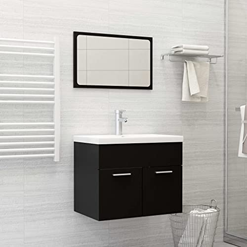 Qnhdfrt Armadietto da bagno, set completo, colore nero, con vasca da incasso, specchio, 60 cm, in legno sottile, per bagno, lavanderia