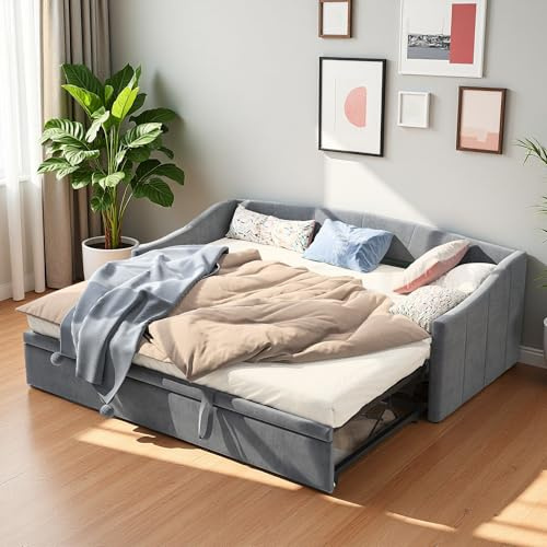 Poeahu Schlafsofa Ausziehbar 90/180x200cm, Tagesbett Einzelbett mit Ausziehbett, Schlafcouch mit Lattenrost und Rückenlehne, Jugendbett Kinderbett Gästebett für 2 Personen, ohne Matratze