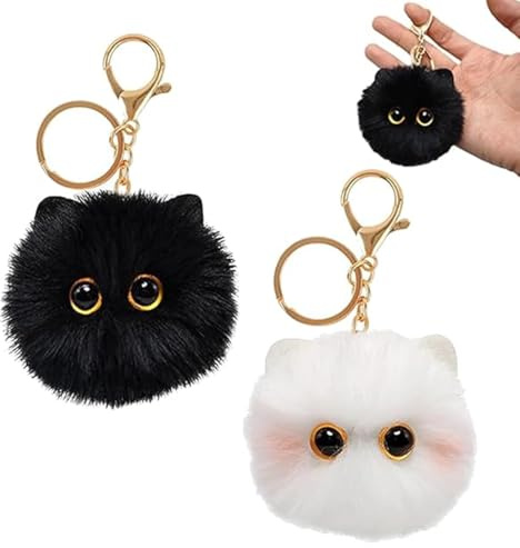 YUVKIN 2 Pezzi Portachiavi Carino Gatto, Portachiavi Peluche a Forma di Gatto Cartoon, Ciondolo Animale per Zaini e Telefono (Nero e Bianco)