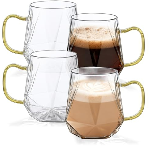 Oungy Set of 4 Glass Coffee Mugs, 340ml/12oz Clear Glass Mug with Handle, Latte Glasses Heat Resistant Glass Coffee Cup for Espresso, Tea, Milk, Juice