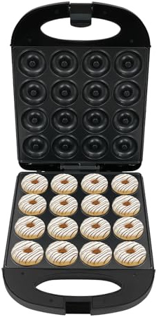 Donut Maker, macchina per ciambelle da 1200 W, per 16 pezzi con rivestimento antiaderente, 2 in 1, doppia macchina per ciambelle Mochi, compatta per caffetteria, colore nero