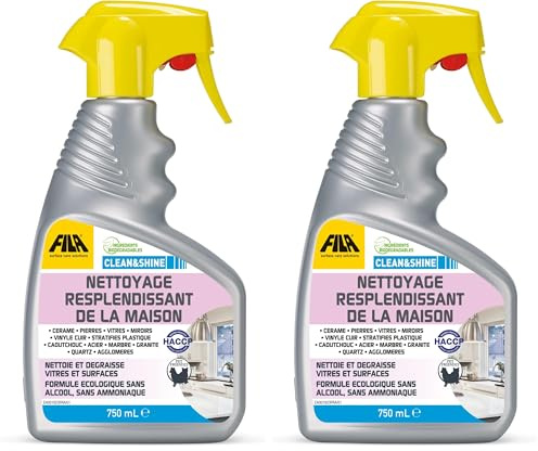 FILA Surface Care Solutions, CLEAN&SHINE, Spray Nettoyant Multi Surface Professionnel, Idéal pour Nettoyage Vitre, Adapté comme Nettoyant Vitre Voiture Interieur, Sans Traces, 750ml (Lot de 2)