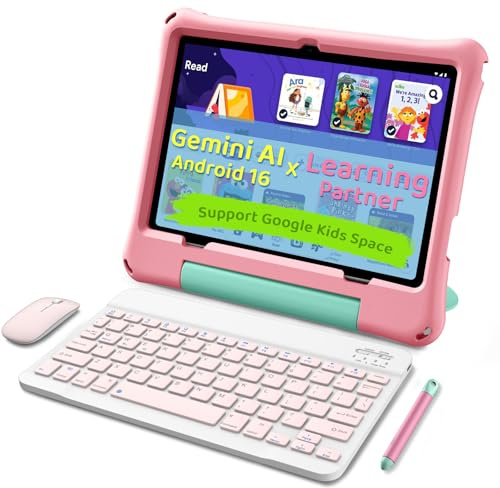 aiprotablet Kids Tablet, Android 16 Tablet for Kids 10 inch Octa-Core 2.2GHz with Case, 30GB RAM 64GB ROM, 2TB Expand, Parental Control, Dual Camera, BT, WiFi, with Keyboard Mouse Stylus, Gift (Pink)