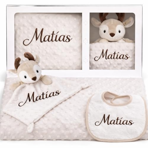 Manta + Doudou + Babero Personalizados para Bebe con Nombre Bordado | Regalo Recien Nacidos Original Niño/a Mantita Suave Muñeco Apego para Dormir para Cuna y Carrito Baby Shower Bautizo