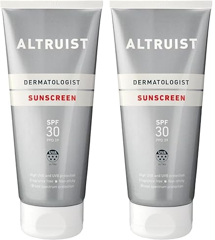 Altruist Protector solar dermatológico FPS 30, 5 estrellas, protección UVA PPD 39, protección UVB, sin perfume, vegano, resistente al agua, no graso, para piel sensible, 200 ml (Paquete de 2)