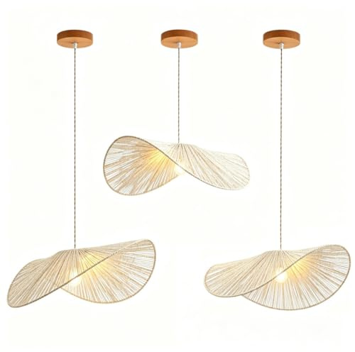 BBWO Hängelampe Aus Rattan Im Boho-Stil Pendelleuchte Im Japanischen Landhausstil Mit E27 Handgeflochtene Lampe In Hutform Wabi-Sabi-Stil Geeignet Für Kücheninseln Esszimmer Wohnzimmer