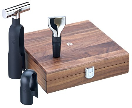 WMF Baric Wein Sommelier Set 3-teilig, Korkenzieher Set, Wein Zubehör, Folienschneider, Flaschenverschluss, in Walnussholzbox, schwarz
