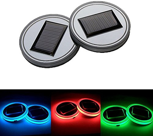 Youngine Pack of 2, Solar LED Car Cup Holder Mat Pad Waterproof Bottle Drinks Coaster Built-in Light and Vibration Sensor Car Interior Decoration Light Lamp (Colorful)