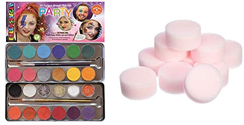 Eulenspiegel 224212 - Party Metall Schminkpalette, 20 Farben und 4 Glitzer, vegane Farben und Pinsel, Kinderschminken, Karneval, Fasching, Theater, spiel gut Siegel + Make Up Schwämmchen