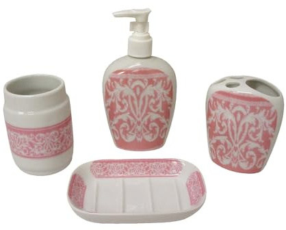 Conjunto 4 Piezas SOBREMESA BAÑO Juego Set DOSIFICADOR DISPENSADOR JABON JABONERA Vaso para CEPILLOS Porcelana Toalla Rosa