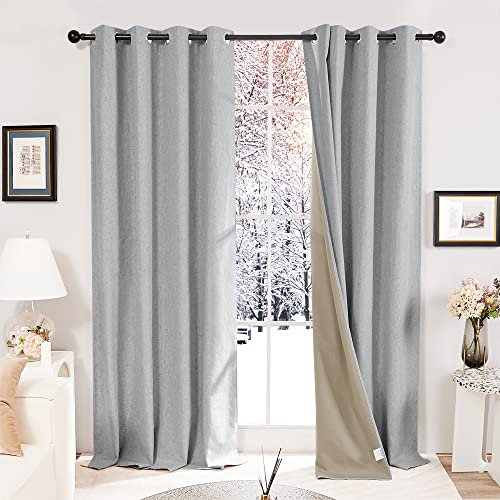 Deconovo Faux Linen Total Blackout Curtains Super Soft Thermal Insulated Eyelet Curtains for Living room W46 x L54 Inch Blue Grey One Pair