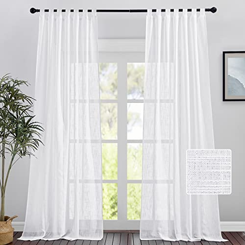 PONY DANCE Leinenoptik Vorhänge Wohnzimmer Gardinen Weiss Halbtransparent | 2er Set, H260 x B140 cm, Luftig, Lichtdurchlässig, Sichtschutz, Landhausstil, mit Schlaufen, für Schlafzimmer Kinderzimmer