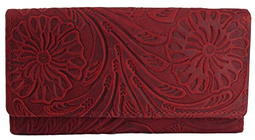 Golden Deer XL Geldbörse Portemonnaie Portmonee aus Leder Frauen Damen Langbörse Geldbeutel Geldtasche Frauen Design (Hill Burry Kollektion) (Rot)