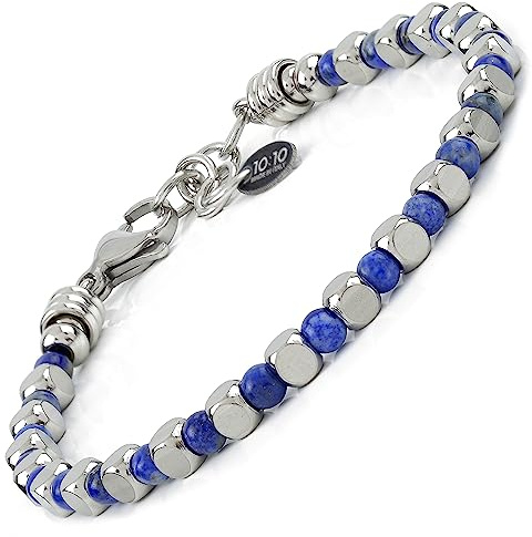 10:10 Bracciale Pietre Naturali 4 MM Per Uomo e Donna - Acciaio Inossidabile - Regolabile, Resistente, Elegante - Made In Italy (Lapislazzuli)