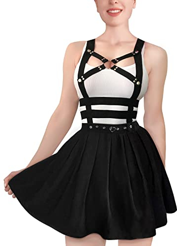 Littleforbig Overall Rock Strampler - Plissierter Bondage Abnehmbarer Pulloverrock, Schwarz, Groß
