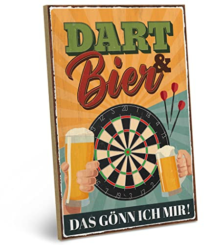 ARTFAVES® Wandbild Holzschild mit Spruch - Dart und Bier - Türschild Retro Vintage Deko Bild Geschenk - Hobbyraum, Stammtisch, Männer, Vatertag
