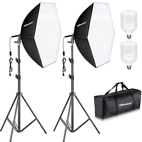 UBeesize 30X30 Professional Softbox Lighting Kit with 2pcs 40W 8000K Bulbs, Aluminum Tripods, White, Softbox Style