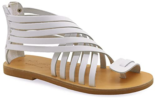 40 Weiss Emmanuela Gladiator Sandalen aus Leder mit Reißverschlussschäften, hochwertige griechische handgefertigte Sommerschuhe, Zehenring Flache Sandalen, Boho Chic Sandalen