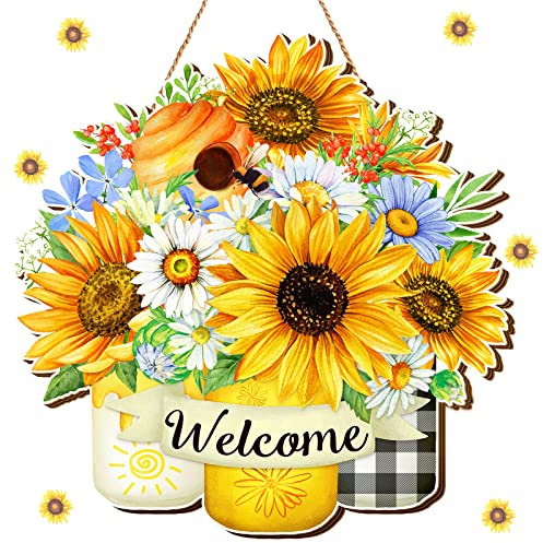 Shellwei Sunflower Welcome Sign for Front Door Summer Decorations Sunflower Wood Door Hanger Rustic Farmhouse Wreath Wall Art Decor Decorative Wall Plaque for Home Porch Hanging Ornaments