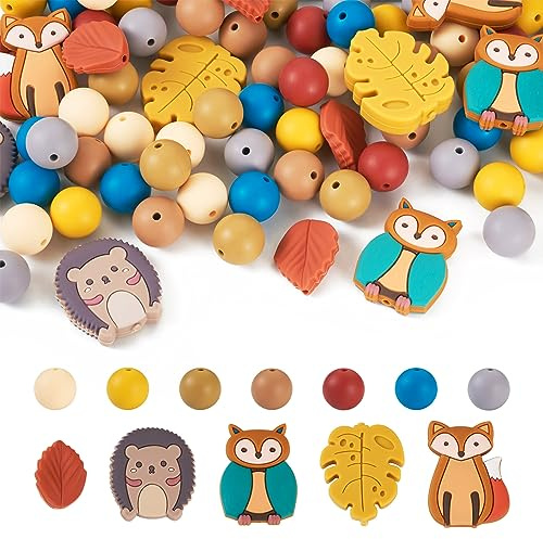 Beadthoven Silikonperlen, Fuchs, Eule, Kawaii, Igel, Ahorn, Gummiperlen, Tierblatt, Herbstthema, rund, lose Abstandshalter, Perlen für DIY-Armbänder, Halsketten, Schmuckherstellung