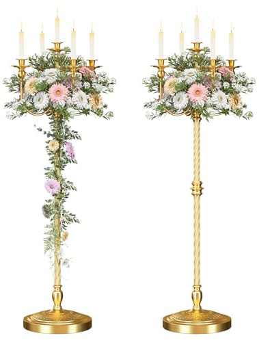 mopam 2 Pcs Floor Candelabra 50 Inch Gold Candelabra Centerpiece 5 Arms Floor Standing Candelabra Gold Candlestick Holder Antique Candle Holder Decorative for Party, Ceremony, Wedding (Line Styling)