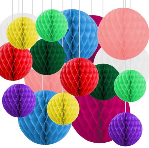 18 Pack Honeycomb Decorations Paper Balls Large Mix of 4,6, 8,10 Tissue Paper pom poms Valentine Mother's Day Birthday Baby Shower Wedding Easter Festive (Happy)