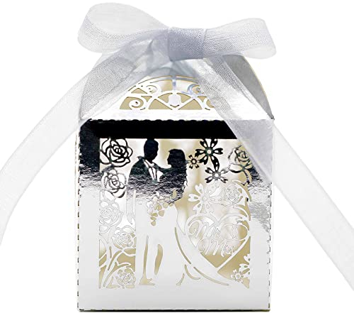 Geschenkbox Hochzeit,50 Stück Gastgeschenk Schachtel Quadratisch, Schachtel Geschenkbox,Süßigkeit Kästen Gastgeschenk Box Schachtel Geschenkbox DIY Bonbon Box für Hochzeit Party Tischdeko (Silber)