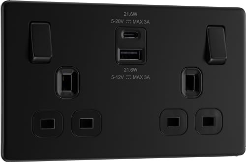 BG Electrical 22W Double Switched Power Wall Plug Socket with Fast Charge Type A and C USB Ports, Screwless, Flatplate, Matt Black, 13A, FFB22UAC22B