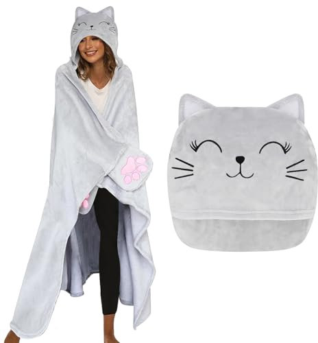 ZQEJEFD Coperta Indossabile con Maniche e Cappuccio, Flanella per Donna e Uomo, Coperta Divano, Regalo Compleanno Natale, TV Blanket, Cincillà Grigio, 170 x 200 cm