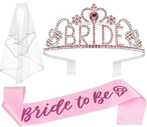 JETKONG 3 Pcs Bachelorette Party Decorations BRIDE Crown, Bride to Be Sash&Veil for Women Bachelorette Party Gifts, Bridal Shower Supplies, Gifts, Favors (Pink)