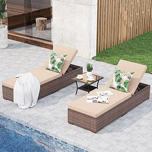 JOIVI Outdoor Chaise Lounge Chair, 3 Piece Patio Pool Lounge Chairs with Glass Top Coffee Table for Outside, Rattan Reclining Chaise Lounger with Adjustable Backrest and Beige Cushion, Brown PE Wicker